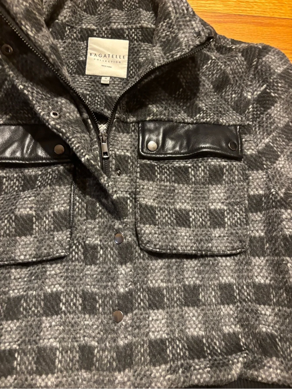 bagatelle Gray Plaid Bomber Jacket with Black Trim